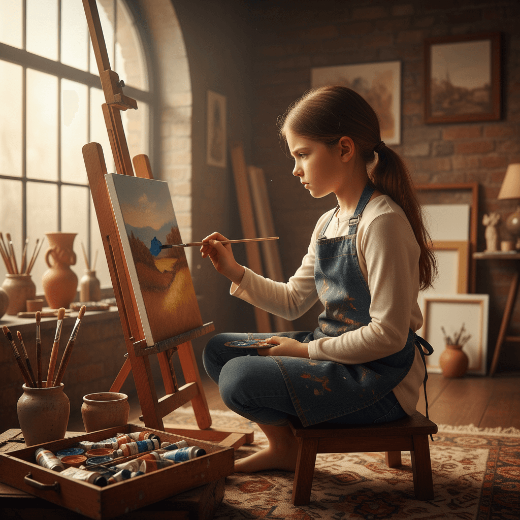 Child focused on painting project during art therapy