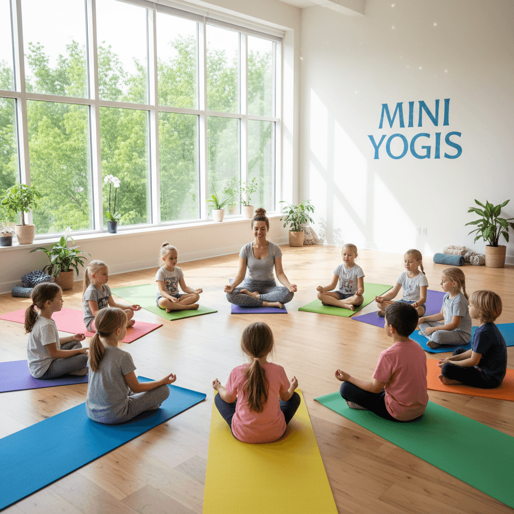 Children practicing yoga together in bright studio