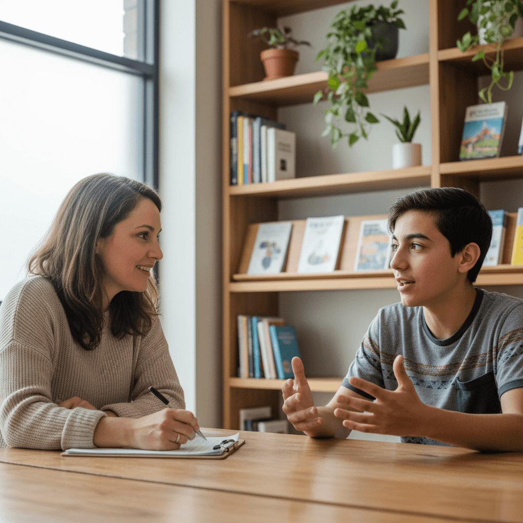 Mentor and young person connecting in a supportive outdoor environment