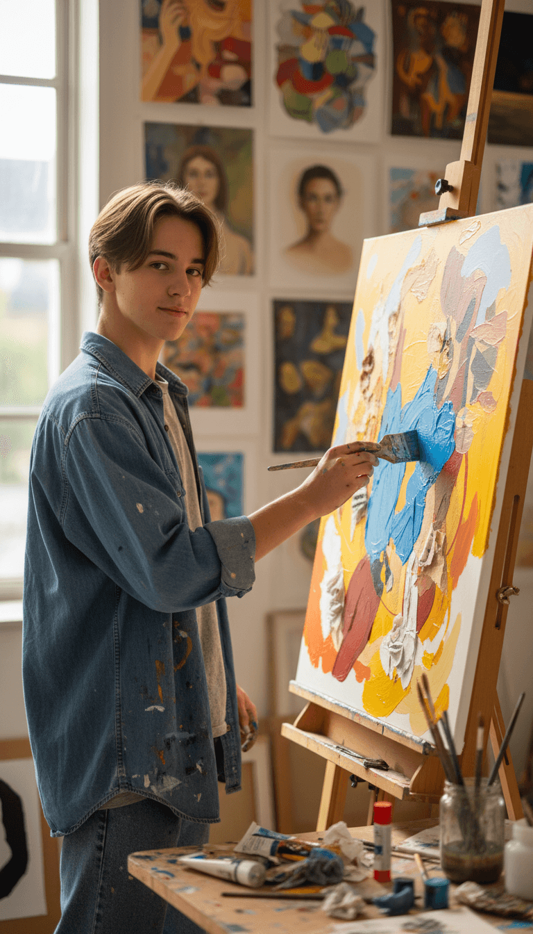 Young person engaged in art-making with colorful materials